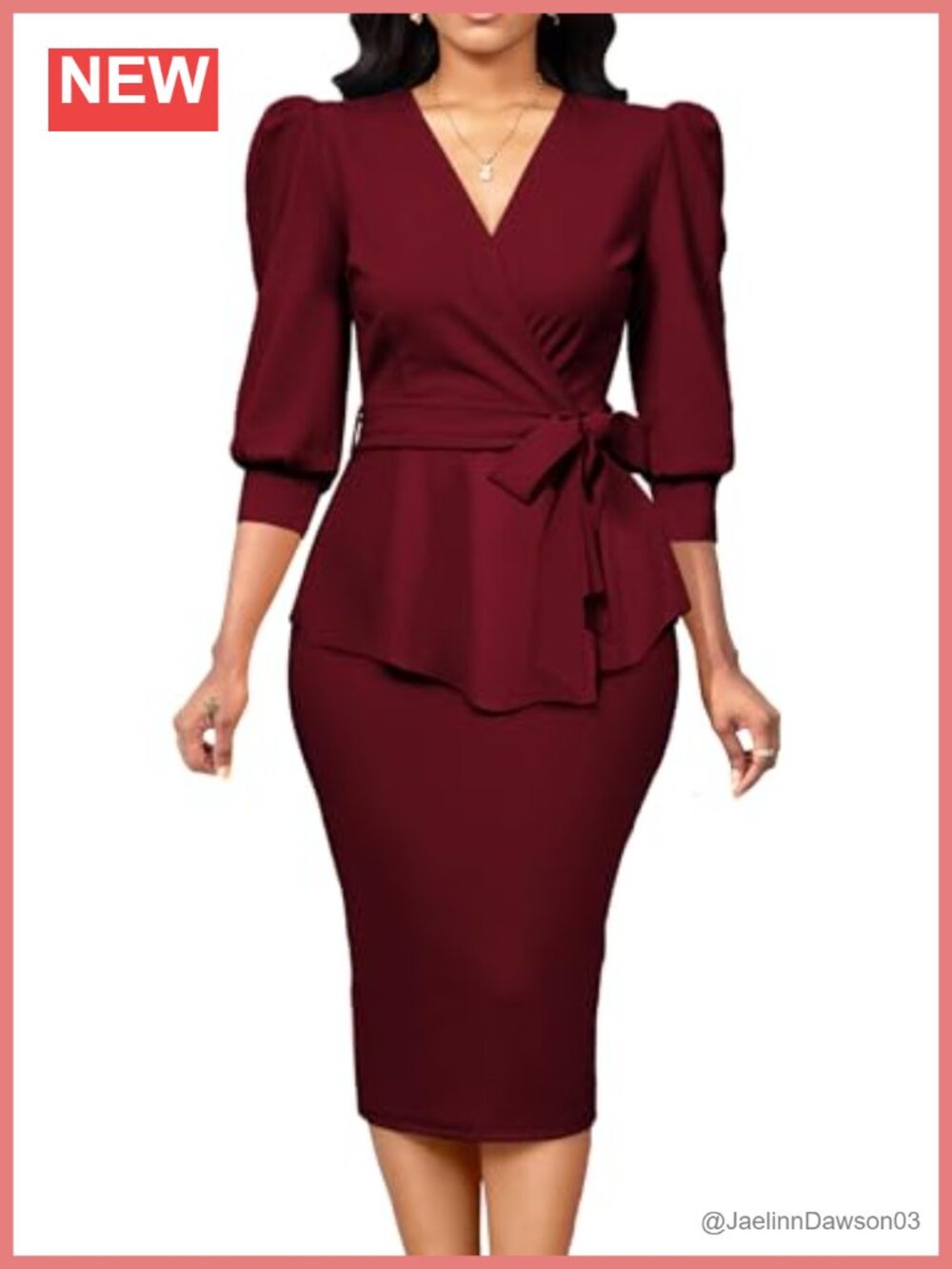 Women's Bodycon Pencil Midi Dress 3/4 Sleeve Peplum Work Sheath